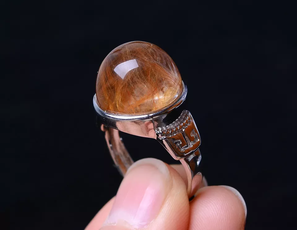 36.60CT NATURAL GOLD HAIR RUTILATED QUARTZ RING SILVER PLATED ADJUSTABLE