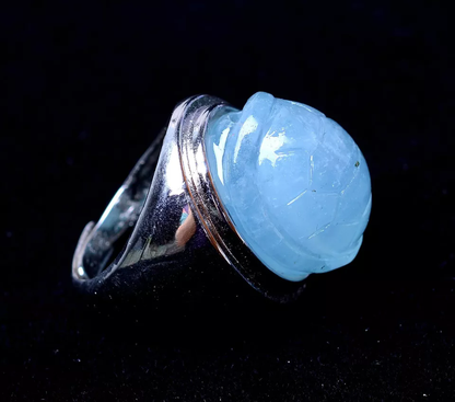 78.86ct Natural Blue AQUAMARINE GEMSTONE Carving Silver Plated Ring Adjustable