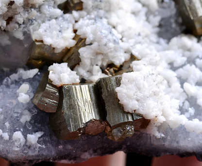 258g Natural Pink Fluorescence Benz Calcite & Pyrite Mineral Specimen/China