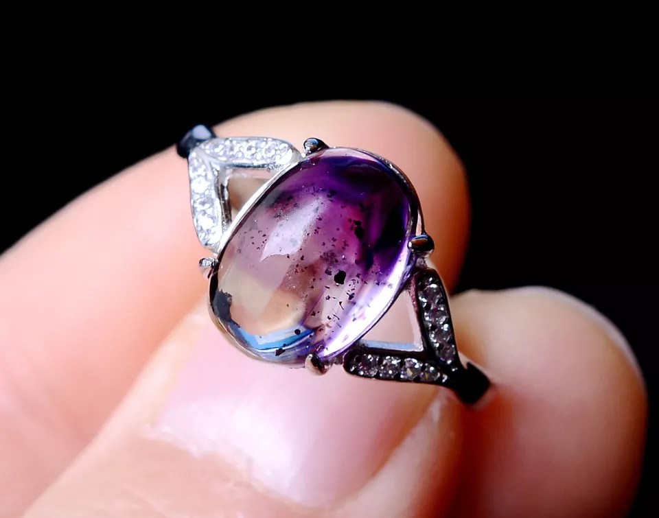 13.15ct Natural Quartz Crystal Amethyst Gem woman adjustable Ring Silver Inlaid