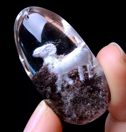 Carving Animal Sheep Natural Inner Scene Ghost Quartz Crystal Pendant  85.15ct