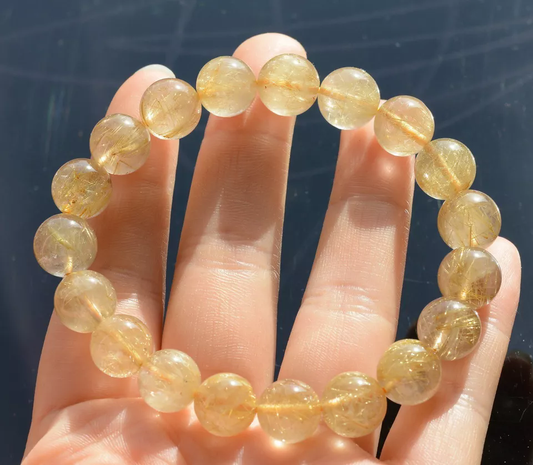 11mmNatural Brazil Gold Hair Rutilated Quartz  StretchBeads Wealth Man Bracelet