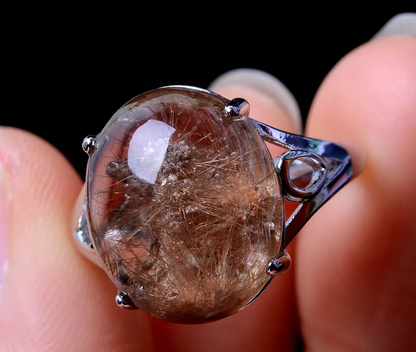 NATURAL GOLD RUTILATED QUARTZ CRYSTAL CURE WOMAN RING SILVER INLAID ADJUSTAB