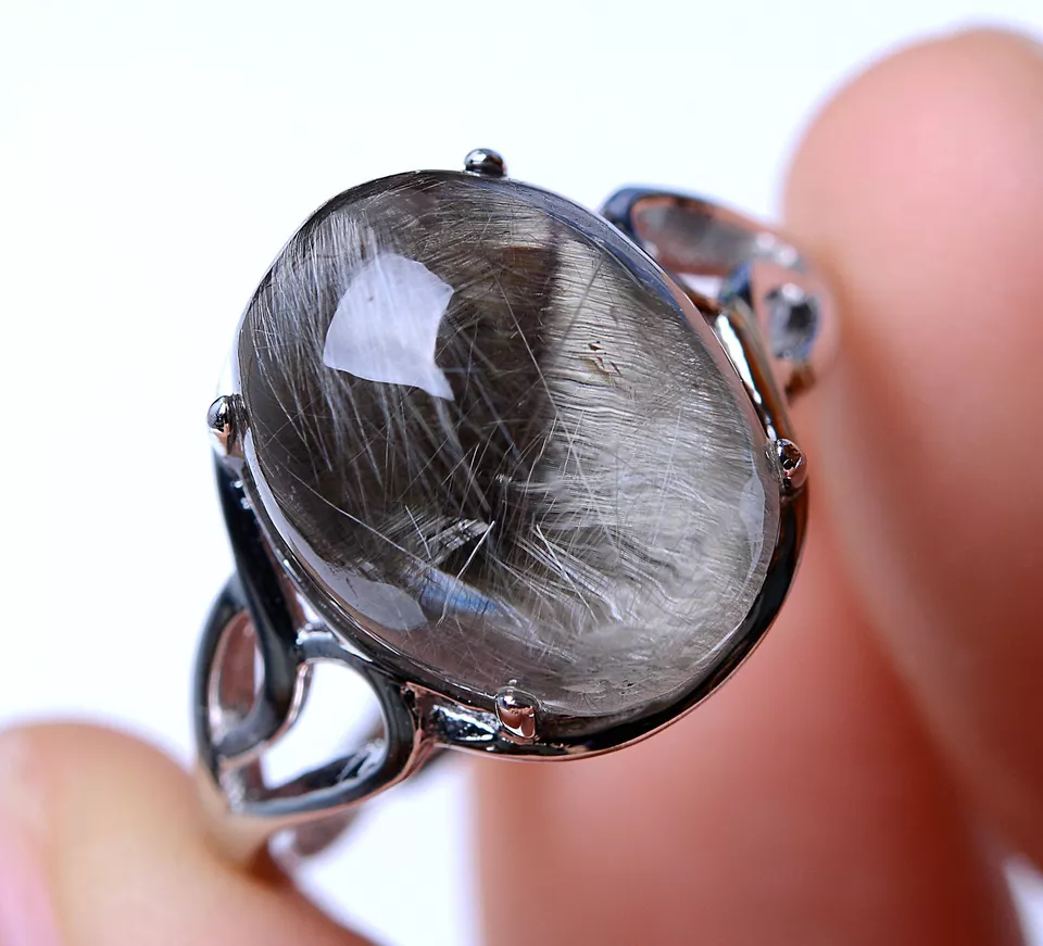 23ct Natural Silver Rutilated Quartz Titanium Crystal Adjustable Silver  Ring