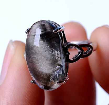 22.80ct Natural Silver Rutilated Quartz Titanium Crystal Adjustable Silver Ring