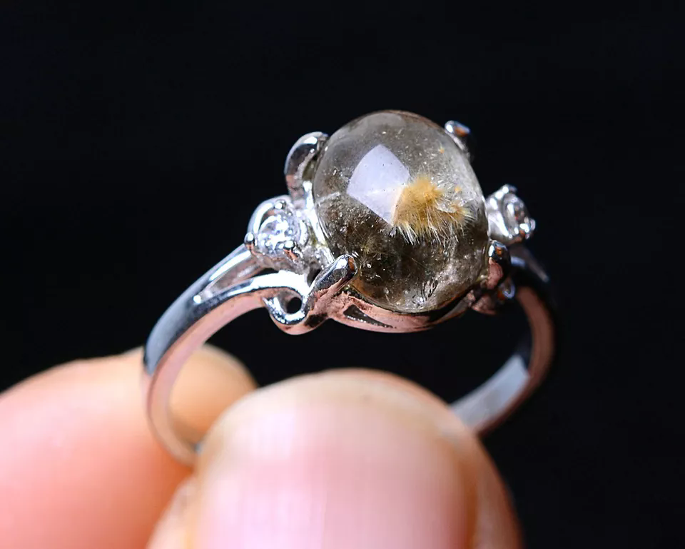 10.4CT Natural Gold Hair Rutilated Quartz Beads Wealth Woman Adjustable Ring