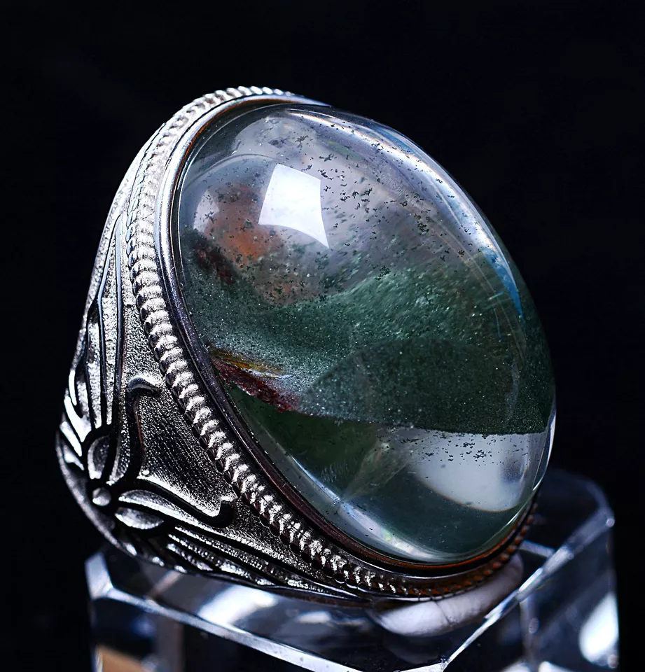 18.35g Natural Green ghost Crystal Healing Wealth Silver Plated Adjustable Ring