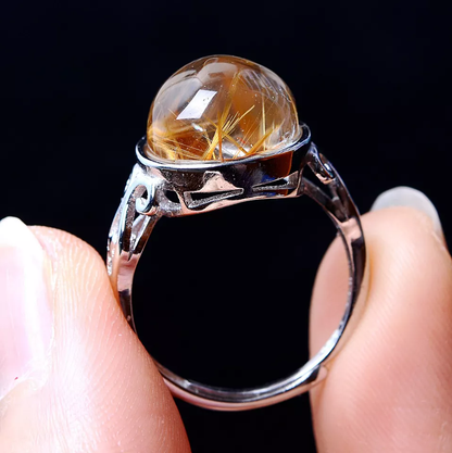 18.21CT BEAUTIFUL NATURAL CALCITE GOLD RUTILATED QUARTZ CRYSTAL RING ADJUSTABLE