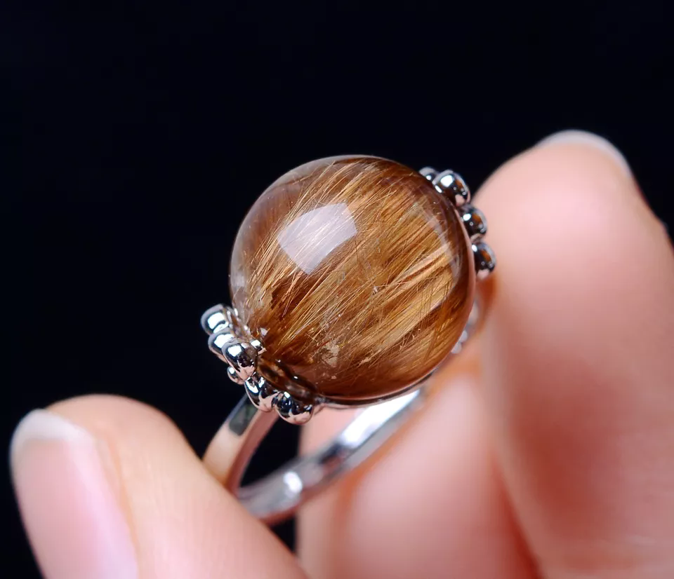 Natural Gold Rutilated Quartz Crystal Powerful Ring Silver Plated  Adjustable