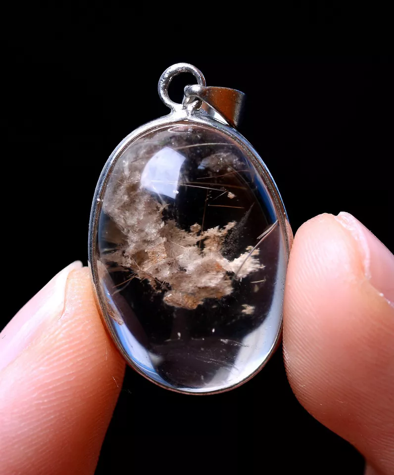 6.19g Rare Transparent Natural Calcite Gold Hair Crystal Pendant Silver Inlaid