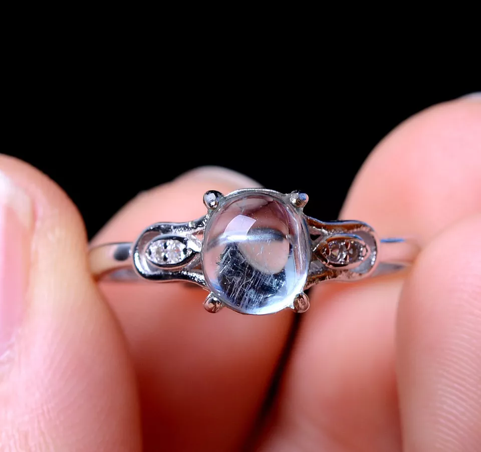 1.79g Natural Blue Aquamarine Gem Grade Bead Adjustable Silver Inlaid Lady Ring