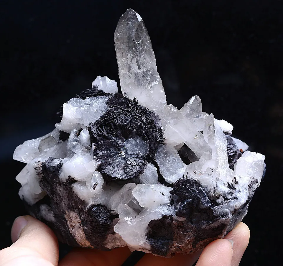 483.0g Natural White Crystal Cluster & Flower Shape Specularite Mineral Specimen