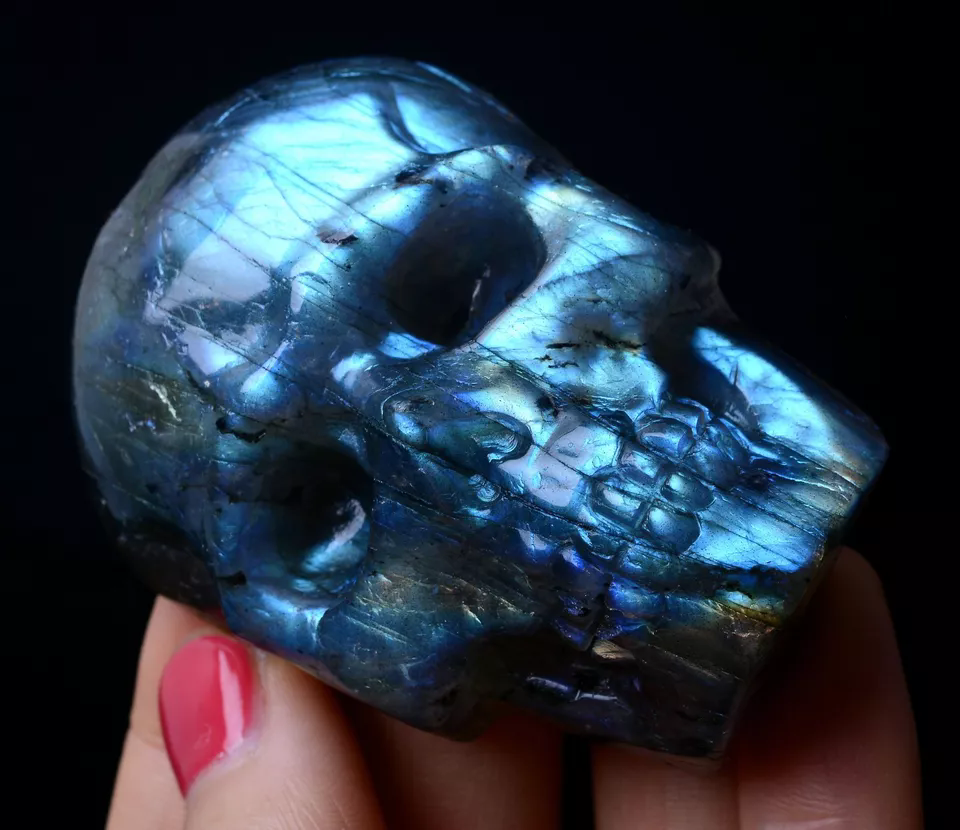 Natural Labradorite Quartz Crystal Skull Carving Reiki Healing Specimen 93.81g