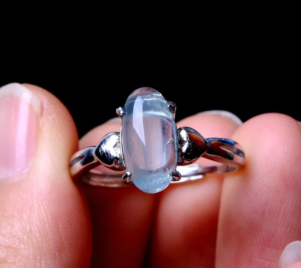 Natural Blue Aquamarine Gem Grade Adjustable Silver Inlaid Lady Ring 13*6*5mm