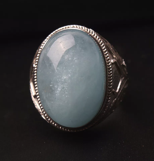 Natural Blue Aquamarine Gemstone  Bead Adjustable Woman Ring 21.5x14.5x10mm