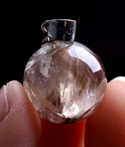 5.3g Natural Gold Rutilated Crystal Ball Woman Cure Healing Pendant  Silver