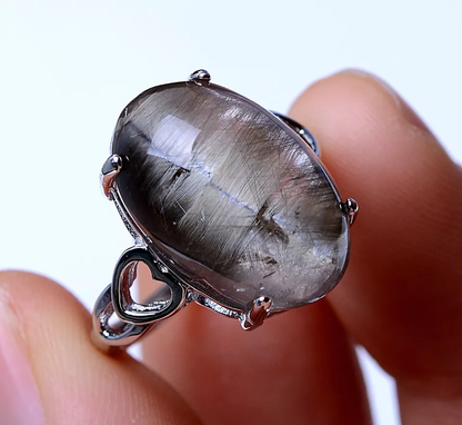 24.55ct Natural Silver Rutilated Quartz Titanium Crystal Adjustable Silver Ring