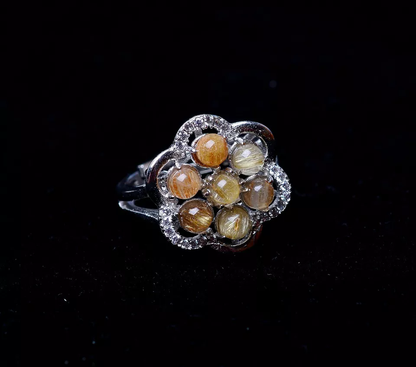 Natural Clear Quartz Hair Sunflower Rutilated Crystal Adjustable Ring4.08g