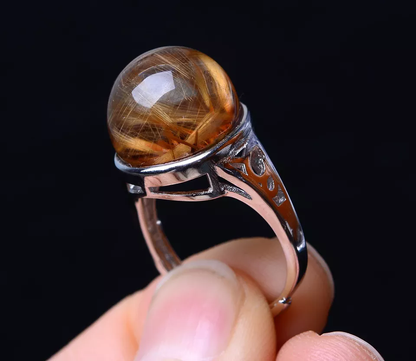 NATURAL GOLD HAIR RUTILATED QUARTZ CIRCULAR BEAD RING Silver Plated ADJUSTABLE