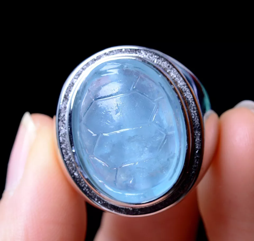 62.45CT NATURAL BLUE AQUAMARINE GEMSTONE BEAD CURE CARVING RING ADJUSTABLE