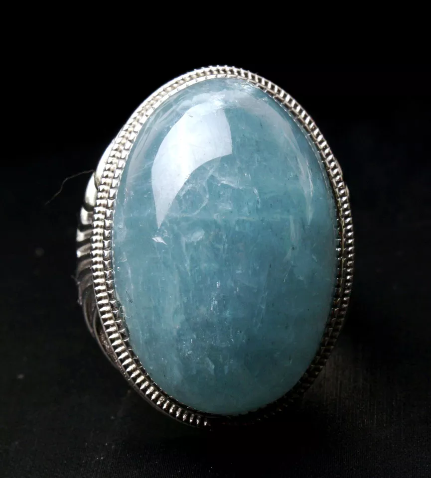 Natural Blue Aquamarine Gemstone Bead Adjustable Ring Healing27.5x18x 10mm