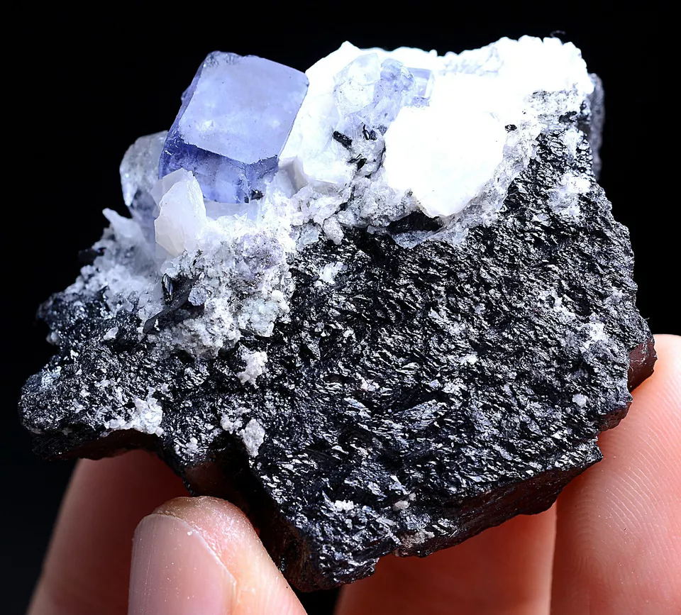 87gNatural Purple Blue Cube Fluorite &Wolframite Mineral Specimen /Yaogang xian