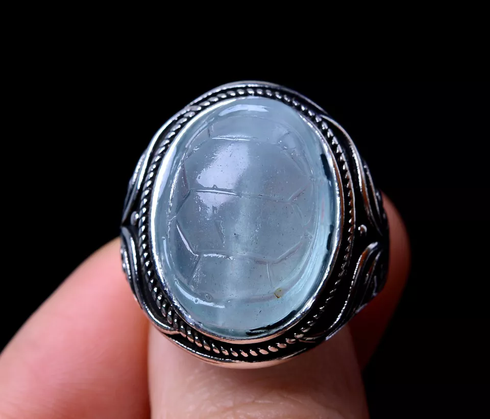 60.65ct Natural Blue AQUAMARINE GEMSTONE Carving Silver plated Ring Adjustable