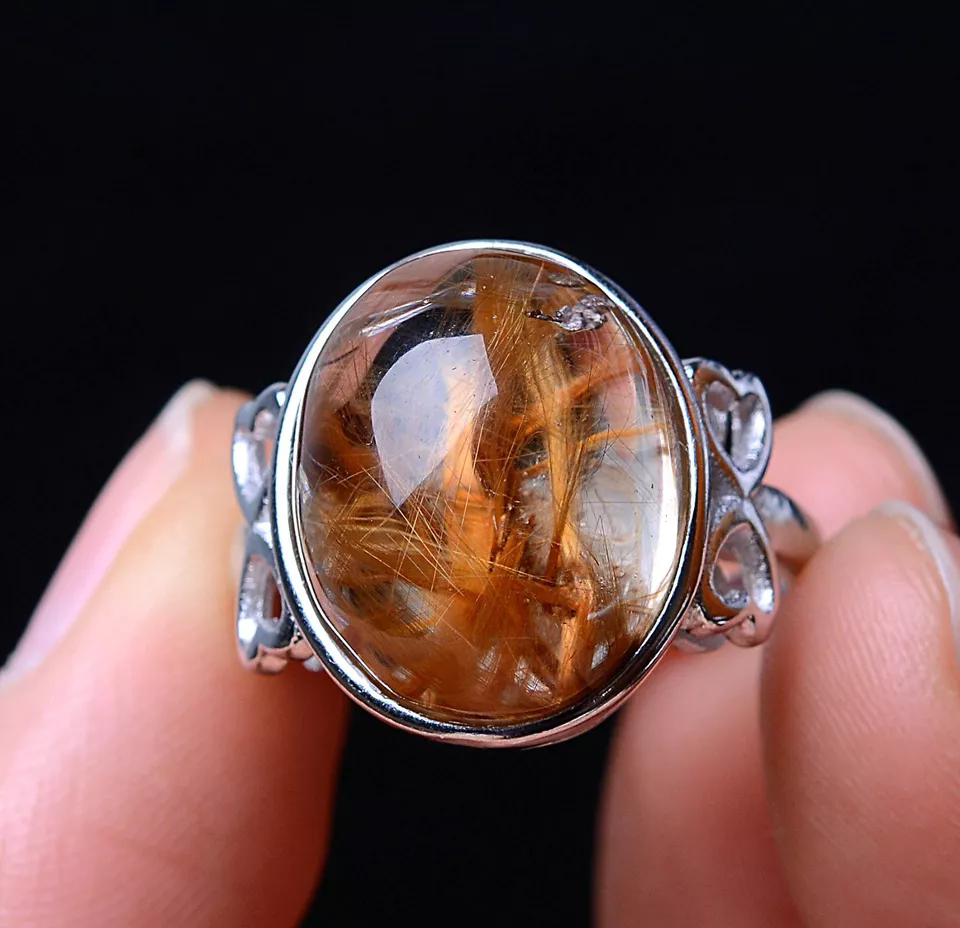 29.05ct NATURAL GOLD HAIR RUTILATED QUARTZ RING SILVER PLATED ADJUSTABLE