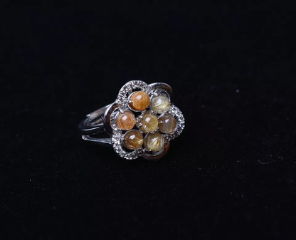 Natural Clear Quartz Hair Sunflower Rutilated Crystal Adjustable Ring4.08g