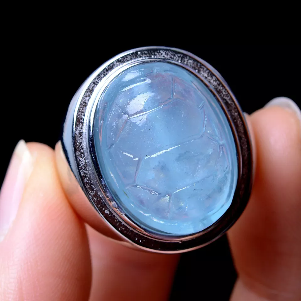 62.45CT NATURAL BLUE AQUAMARINE GEMSTONE BEAD CURE CARVING RING ADJUSTABLE