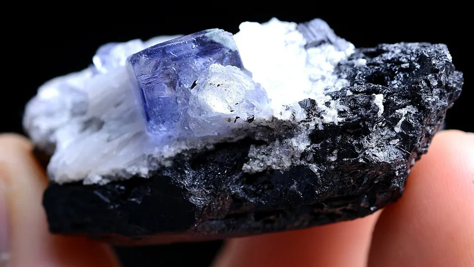 87gNatural Purple Blue Cube Fluorite &Wolframite Mineral Specimen /Yaogang xian