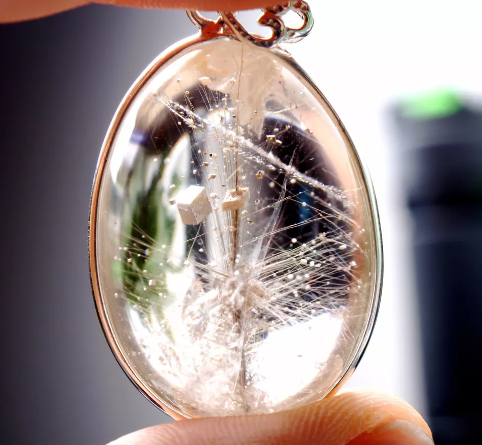 14.5g Rare Natural Gold Rutilated Quartz Crystal Calcite Silver Inlaid Pendant