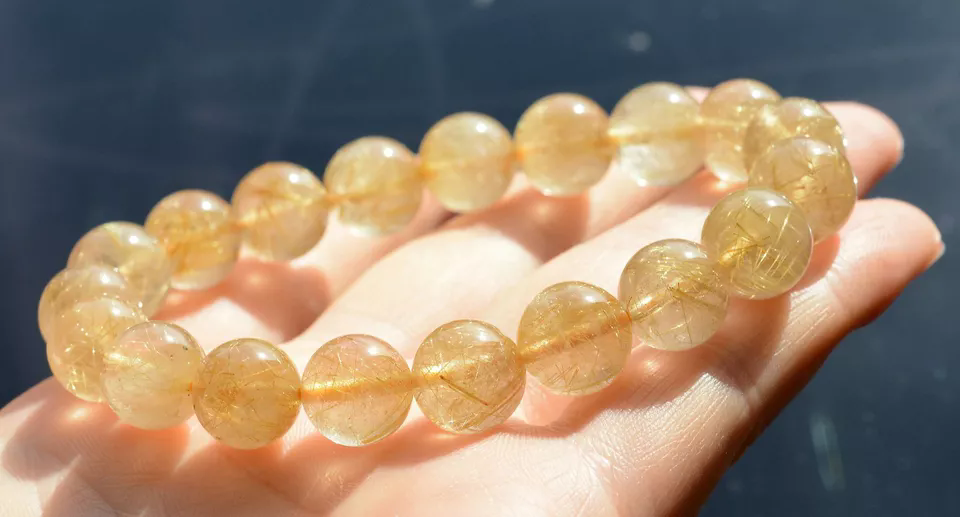 11mmNatural Brazil Gold Hair Rutilated Quartz  StretchBeads Wealth Man Bracelet