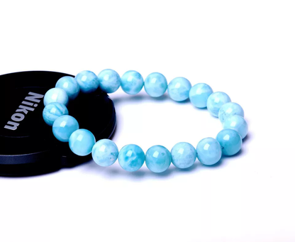 9.5mm BEAUTIFUL ATURAL BLUE LARIMAR GEM GRADE WATER PATTERN BEADS BRACELET