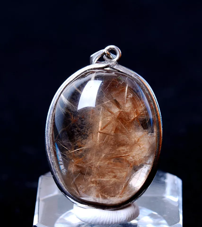 6.61g Natural Clear Quartz Gold Hair Rutilated Crystal Silver Inlaid Pendant