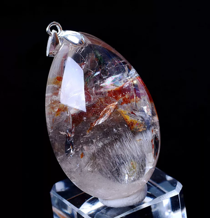 NATURAL SILVER RUTILATED QUARTZ TITANIUM CRYSTAL SILVER INLAID PENDANT 20.60g