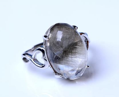 Natural Silver Rutilated Quartz Titanium Crystal Adjustable Silver Ring 24.25ct