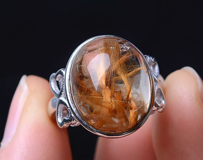 29.05ct NATURAL GOLD HAIR RUTILATED QUARTZ RING SILVER PLATED ADJUSTABLE