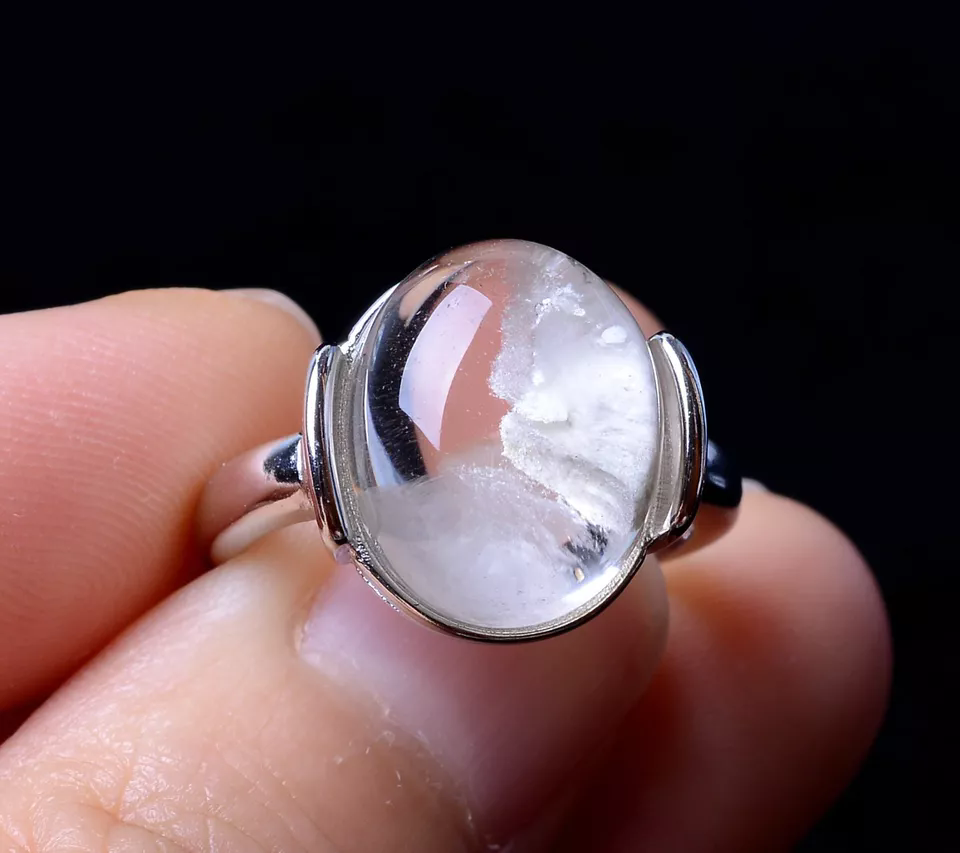 14*14*8mm Natural Clear Rutilated "Stone Inside Stone"Quartz Crystal Ring