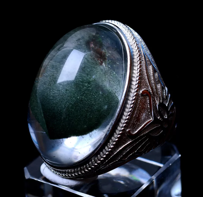 18.35g Natural Green ghost Crystal Healing Wealth Silver Plated Adjustable Ring