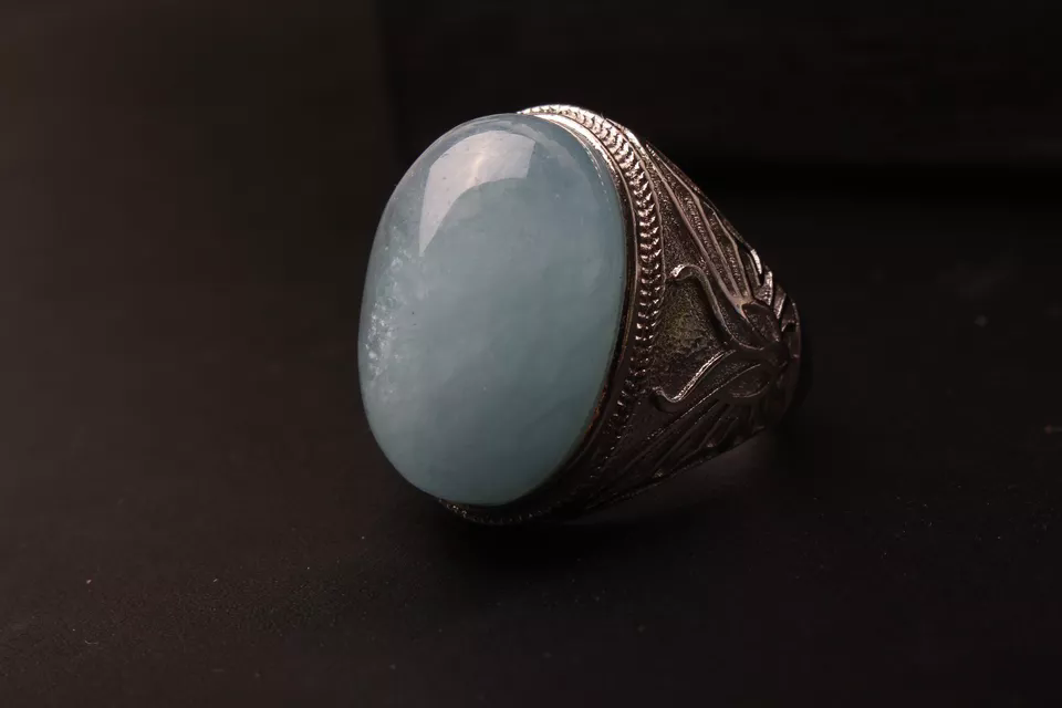 Natural Blue Aquamarine Gemstone  Bead Adjustable Woman Ring 21.5x14.5x10mm