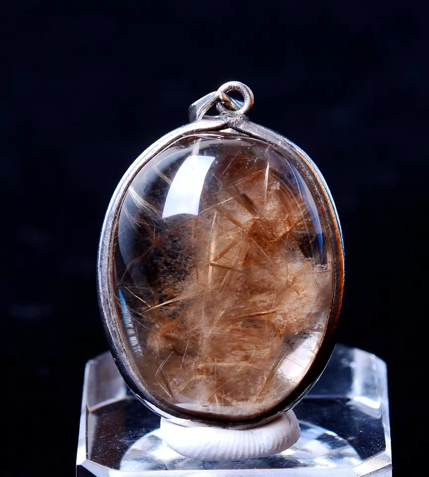 6.61g Natural Clear Quartz Gold Hair Rutilated Crystal Silver Inlaid Pendant