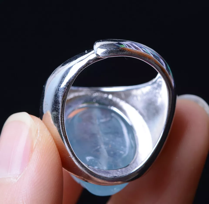 62.45CT NATURAL BLUE AQUAMARINE GEMSTONE BEAD CURE CARVING RING ADJUSTABLE