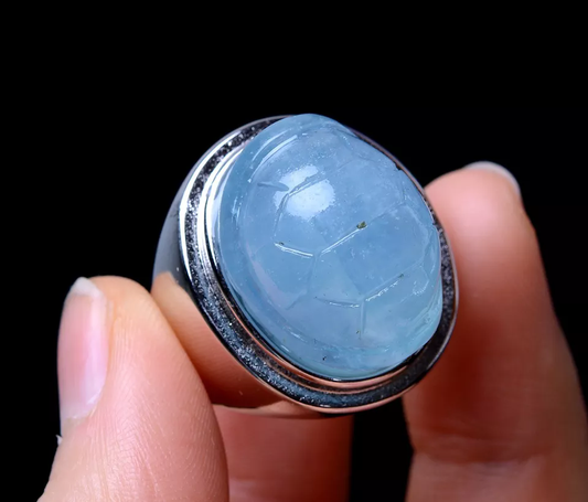 78.86ct Natural Blue AQUAMARINE GEMSTONE Carving Silver Plated Ring Adjustable