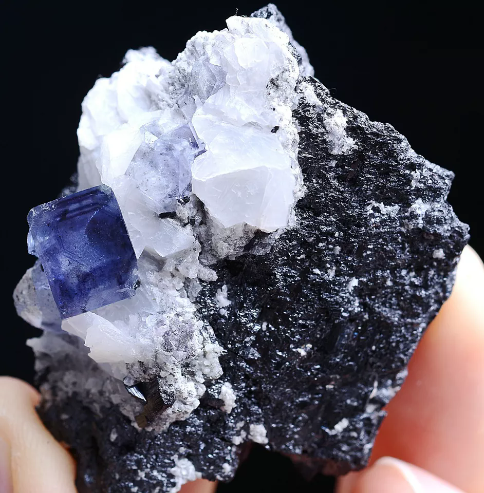 87gNatural Purple Blue Cube Fluorite &Wolframite Mineral Specimen /Yaogang xian