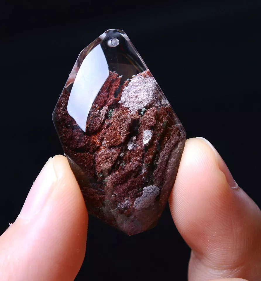 13.32g Natural Clear Red Ghost Quartz Crystal  "Stone Inside Stone" Pendant