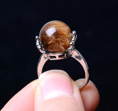 Natural Gold Rutilated Quartz Crystal Powerful Ring Silver Plated  Adjustable