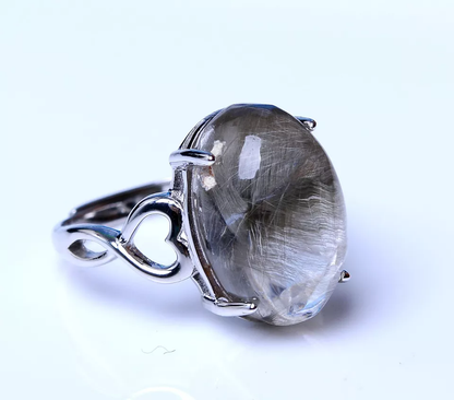 Natural Silver Rutilated Quartz Titanium Crystal Adjustable Silver Ring 24.25ct