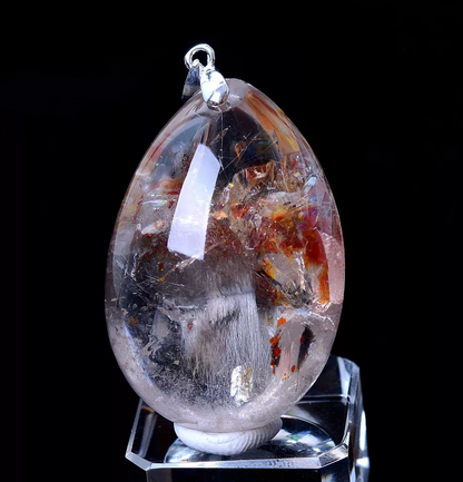 NATURAL SILVER RUTILATED QUARTZ TITANIUM CRYSTAL SILVER INLAID PENDANT 20.60g