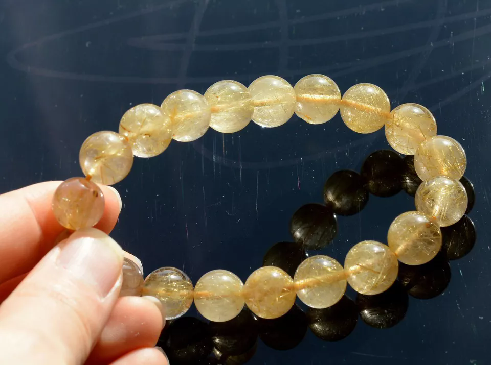 11mmNatural Brazil Gold Hair Rutilated Quartz  StretchBeads Wealth Man Bracelet